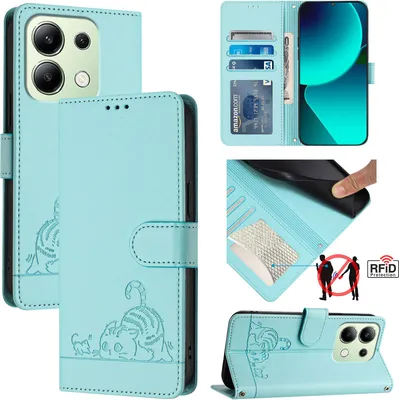 Produktbild von Leder Hülle für Xiaomi Redmi Note 13 4G Süße Katze Flip Case Brieftasche Schutzhülle mit Standfunktion hellgrün