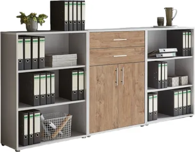 Produktbild von Aktenschrank TABOR 14 in lichtgrau / Gold Harbor Oak, Schrankwand, Büroschrank, Metallgriffe