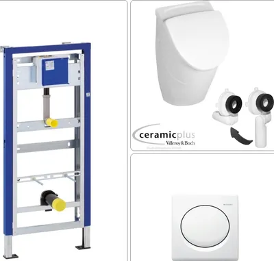 Produktbild von VILLEROY & BOCH O.NOVO Keramik Absaug Urinal mit CeramicPlus Beschichtung + Deckel, GEBERIT Vorwandgestell & Betätigungsplatte, weiß
