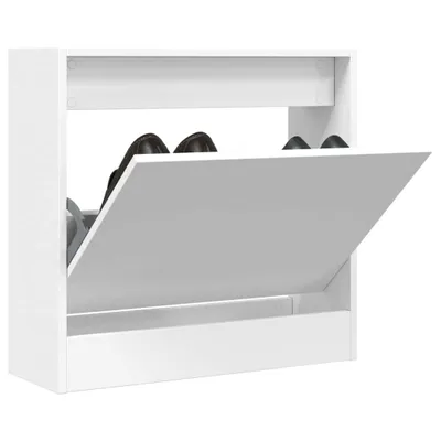 A white shoe cabinet with one drawer open, revealing shoes inside.