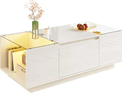 Produktbild von 105 cm moderner, minimalistischer Couchtisch mit Stauraum, LED-Stimmungsbeleuchtung, Glasplatte und 2 Schubladen