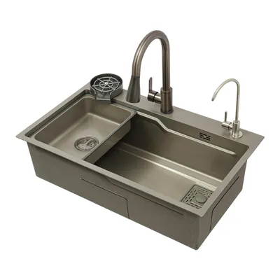 A modern stainless steel kitchen sink with a faucet and a separate water dispenser.