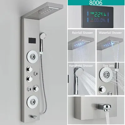 Produktbild von Regendusche Panel 8006 - Duschpaneel mit Wasserfall und Wannenauslauf - LED Beleuchtung - Massagekörperdüsen - Digitale Temperaturanzeige - 304 Edelstahl - Gebürstetes Nickel