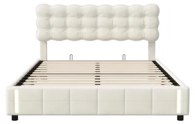 Obrázok produktu pre Postel s čalúnením 140x190 cm - manželská posteľ - posteľ s úložným priestorom a hydraulickým zdvihákom - LED osvetlenie s USB portom - čalúnená opierka a rošt - zamat - béžová