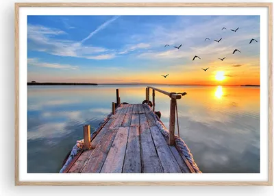 Produktbild von Gerahmtes Poster - Rahmen in heller Eiche - See Natur Brücke Vögel - 100x70 cm - Wand Bild - Wanddeko - Wandbilder - Wandposter - Bilderrahmen - Bilder - Kunstdruck - Wandbild - P2NAA100x70-2402