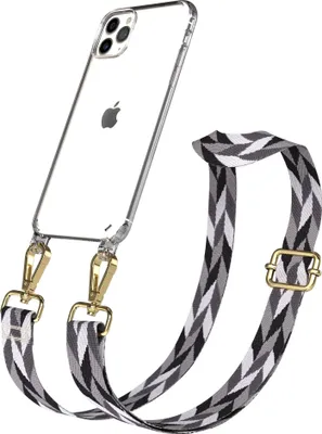 Produktbild von EAZY CASE Handykette - Verstellbarer Trageriemen kompatibel mit Apple iPhone 11 Pro Max, Handykordel mit transparenter Silikon-Hülle, Karabiner Gold, Mix Style, Band in Schwarz