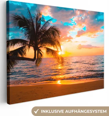 Produktbild von MuchoWow® - Leinwandbilder - Palme - Sonnenuntergang - Horizont - Strand - Meer - Tropisch, Wandbild, Wanddeko Bilder Wohnzimmer, 40x30 cm