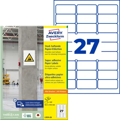 Produktbild von Avery Zweckform L7874-20, Stark haftende Papier-Etiketten, A4, 63,5 x 29,6 mm, 540 Etiketten / 20 Bögen, weiß