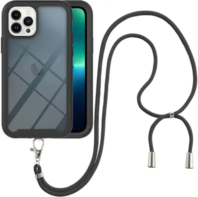 Produktbild von iPhone 13 Pro Max Handykette Hülle, Transparente TPU Bumper Ganzkörper Schutzhülle mit Kordel zum Umhängen Necklace Schlüsselband für iPhone 13 Pro Max Schwarz