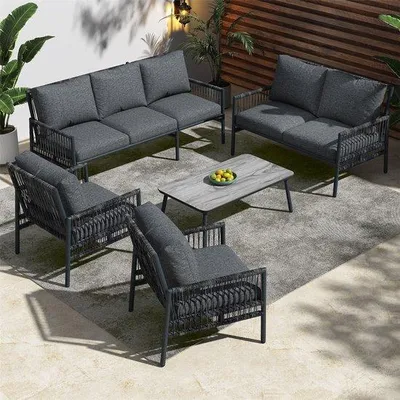 Image de Ensemble de mobilier de jardin en acier, verre et imitation bois