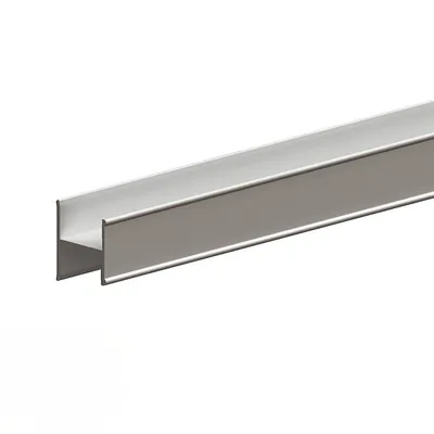 A close-up, studio shot of a silver H-profile track against a white background.