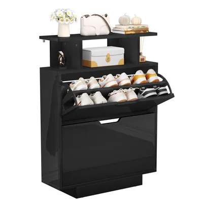 Produktbild von Schmaler Hochglanz-Schuhschrank mit 2 Klappen, Schwarz, 80x24x106cm für Flur, Wohnzimmer & Eingang