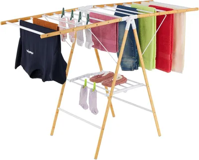 Image de Étagère à linge pliable en bambou et en métal - 2 niveaux - 100x148x56 cm - Blanc naturel