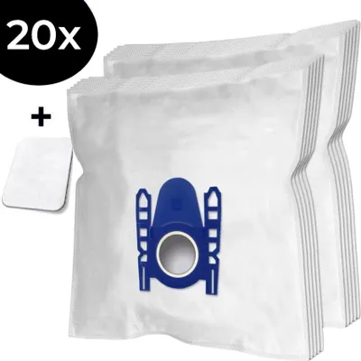 A stack of white vacuum cleaner bags with a blue connector piece.