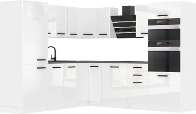 Produktbild von Belini Küchenzeile Küchenblock Küche L-Form STACY Küchenmöbel mit Griffe, Einbauküche ohne Elektrogeräten mit Hängeschränke und Unterschränke, ohne Arbeitsplatten, Weiß Hochglanz