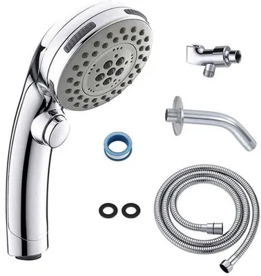 Immagine prodotto di Soffione da bagno cromato con cinque getti, funzione antiscottatura e accessori.