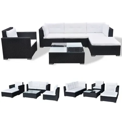 Image de vidaXL Ensemble de salon de jardin 6 pièces avec coussins Poly rotin noir
