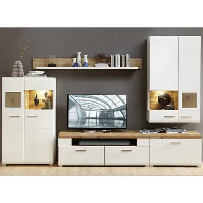 Produktbild von Fernsehwand weiß modern FARO-36 mit Absetzunge in Eiche Hirnholz Nb. und Eiche Altholz Nb. inkl. LED Beleuchtung, B/H/T: ca. 315/205/47 cm