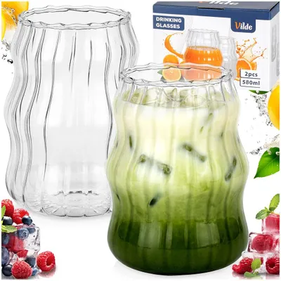 Produktbild von Vilde | 2er Set Gläser 580 ml - Trinkgläser für Iced Coffee & Matcha - Geriffelt und Gewellt - Hitzebeständig