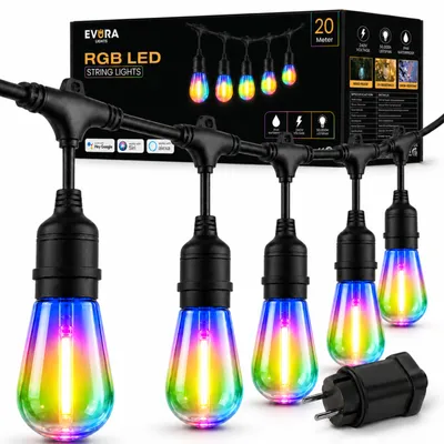 Produktbild von Evura Goods RGB Lichterkette Außen 20 Meter – Erweiterbar – 30 Smart LED Lampen – Multicolor Gartenbeleuchtung – Wetterfest