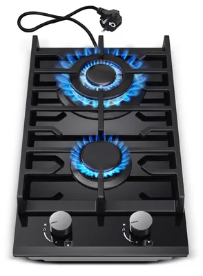 Produktbild von Gaskochfeld - Einbau 2-Flammen Gaskochfeld - 30 cm - Gehärtetes Glas - Erdgas/Propangas - Gusseisenrost - Flammenausfallsicherung - Schwarz