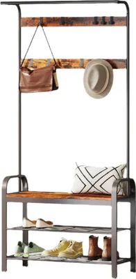 Produktbild von Garderobenständer Kleiderständer mit 9 Haken - Vintage Braun-Schwarz - 85 x 30 x 180,5 cm