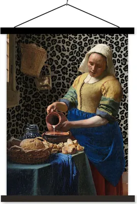 Produktbild von MuchoWow® Textilposter Milchmädchen - Kunst - Pantherdruck - Vermeer - Gemälde - Alte Meister 40x53 cm mit schwarzem Rahmen - Abbildung