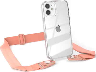 Produktbild von EAZY CASE - Hülle mit Band für Apple iPhone 12 Mini, Handyhülle mit Umhängeband, Silikonhülle transparent, Handykette in Orange