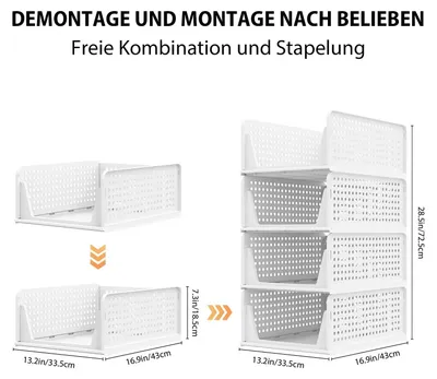 Produktbild von Kleiderschrank Organizer - Aufbewahrungskörbe 4er Set - Stapelbar - Faltbar - Kunststoff - Für Schrank, Kleiderschrank und Regal