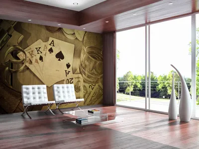 Produktbild von Vlies Fototapete 400x280 cm Tapeten Wandtapete XXL Spielkarten Revolver Geld Poker Whiskey i-B-0002-a-c