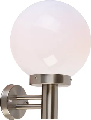 A modern outdoor wall light with a spherical frosted glass shade and a brushed metal base.