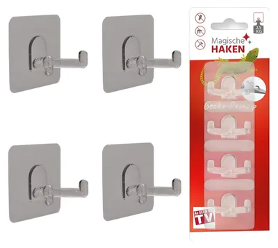 Selbstklebende V-Haken transparent, 4 Stück, bis 2,5 kg, wiederverwendbar