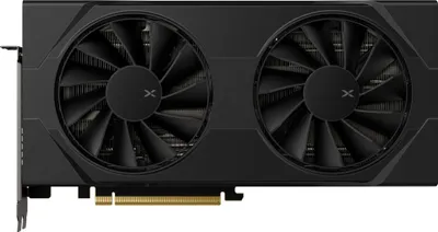 A black graphics card with two fans is shown against a white background.