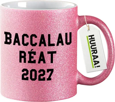 Produktbild von Huuraa Glitzertasse Baccalauréat 2027 Abschluss Frankreich 330ml Pink Keramik Kaffeebecher Geschenkidee