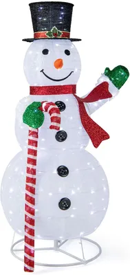 Produktbild von GOPLUS LED Schneemann 150cm, beleuchteter Weihnachtsschneemann mit 180 LED-Lichtern, Herrenmütze, rotem Schal & Weihnachtsstock, Weihnachtsdeko Schneemann
