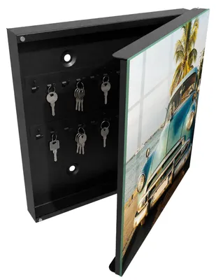 Produktbild von Schwarzer Schlüsselschrank aus Metall 30 x 30 cm - Schlüsselbox zur Wandmontage mit Tür - rechts öffnender Schlüsselkasten - praktische Schlüsselaufbewahrung für Zuhause - Retro-Auto, KI-generiertes Bild