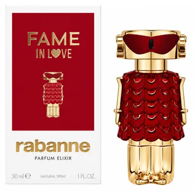 Immagine prodotto di Rabanne Fame In Love Parfum Elixir, Donna, 30 ml, Flacone ricaricabile, Basilico, Mandarino verde, Fragola, Incenso, Iris, Gelsomino, Patchouli, Vaniglia