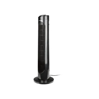 A black tower fan is shown against a white background.