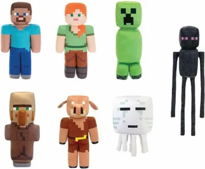 A collection of Minecraft plush toys arranged on a white background.