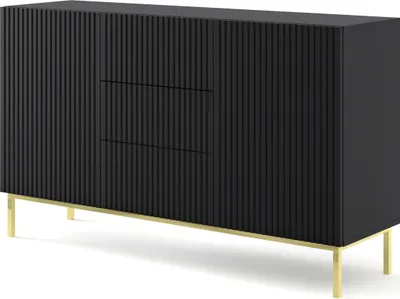 Produktbild von Kommode RAVENNA B 150 cm 2D3S rahmen SCHWARZ MATT / SCHWARZ MATT Sideboard MDF 2 Türen 3 Schubladen Highboard Schrank offene Regale Büfett mit gefräster fronten