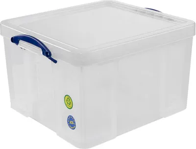 A clear, studio shot of a transparent storage box with blue handles.