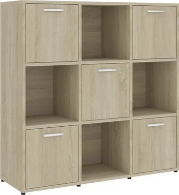 A wooden cube shelf unit with nine compartments, some of which have doors.