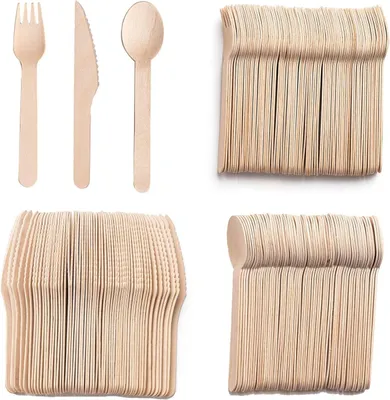 Produktbild von Einweg Besteckset, 300 Teile, 16 cm, Holzgabeln, Holzmesser, Holzlöffel, stabil geeignet für Partys, Camping und Picknicks