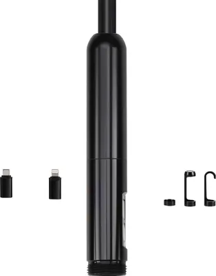 A black dual-lens endoscope camera with accessories on a white background.