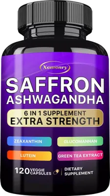 Produktbild von Saffron Ashwagandha 418mg (120 Kapseln) Nahrungsergänzungsmittel, Ausdauer, Stimmung, Stoffwechsel, Stress, Angst, Schlaf, Augen, Energie, Fokus
