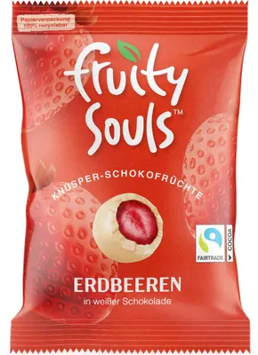 Produktbild von FruitySouls Knusper-Schokofrüchte Erdbeeren Weiße Schokolade 80g