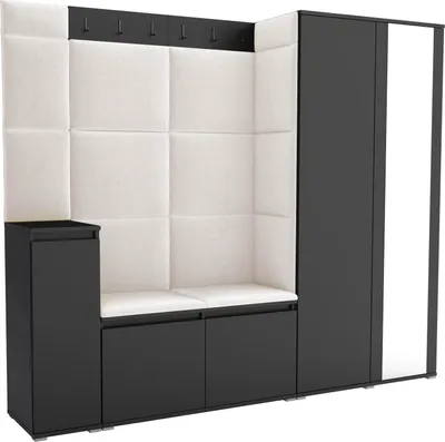 Produktbild von Garderoben-Set Noris VIII mit Spiegel, gepolsterte Garderobe 145 cm mit Schuhkommode, Wandpaneelen und Sitzbank (Farbe: Schwarz+ Trinity 01)