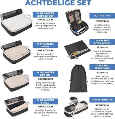 Obrázok produktu pre Kompresné kocky 8-dielne, pre cestovné kufre, organizér na oblečenie a batožinu, čierna