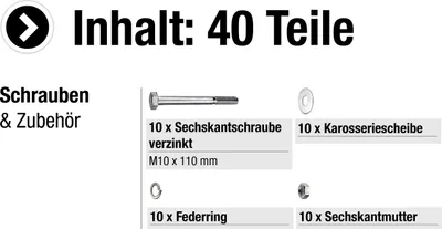 Produktbild von CONNEX 10 Sechskantschrauben im Set, 10,0 x 110 mm, mit Muttern, Federringen und Karosseriescheiben, verzinkt, B30019