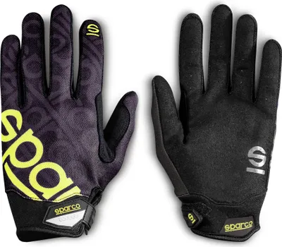 A pair of Sparco gloves, one showing the front with a yellow logo and pattern, and the other showing the back.